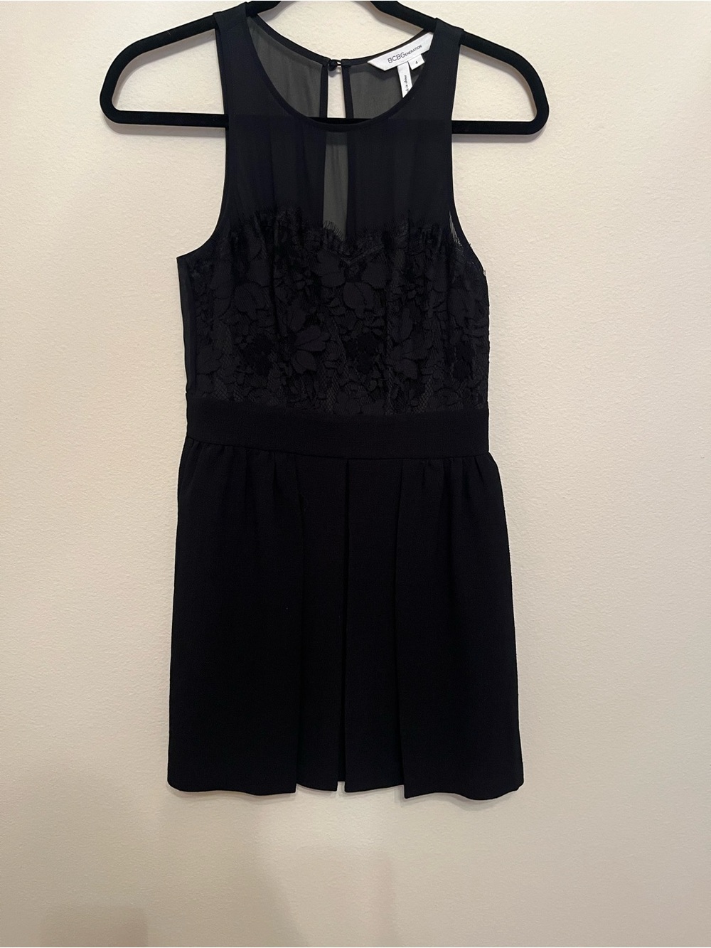 BCBG Black Lace Bodice Mesh Yoke Dress